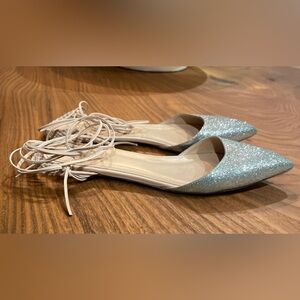 JCREW SILVER LACE UP SLING BACK GLITTER FLATS